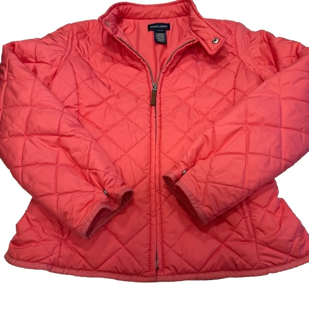 Ralph Lauren Girls Quilted Jacket Pink Zip Up Snap Collar Sz 8-10